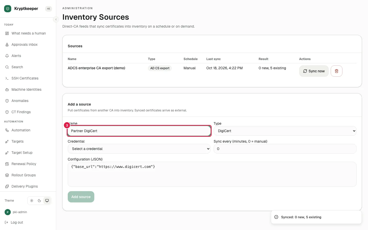 Fill Source name with "Partner DigiCert"